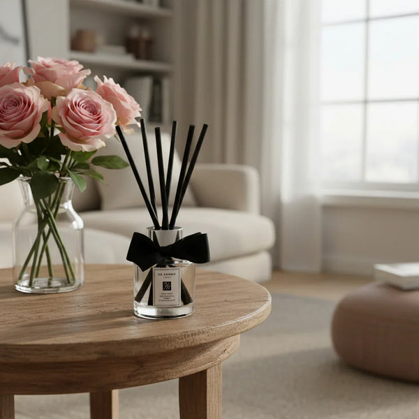 Diffuser with black sticks and a bow on a wooden table in a living room setting.
