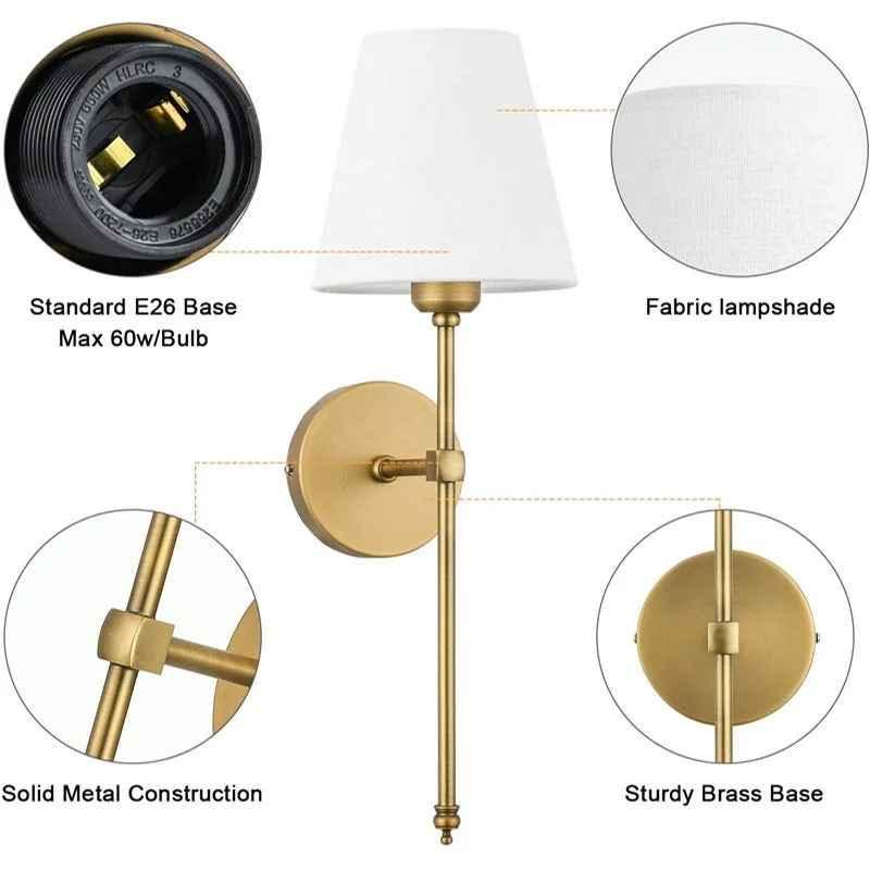 Modern brass wall sconce with fabric lampshade, E26 base, solid metal construction