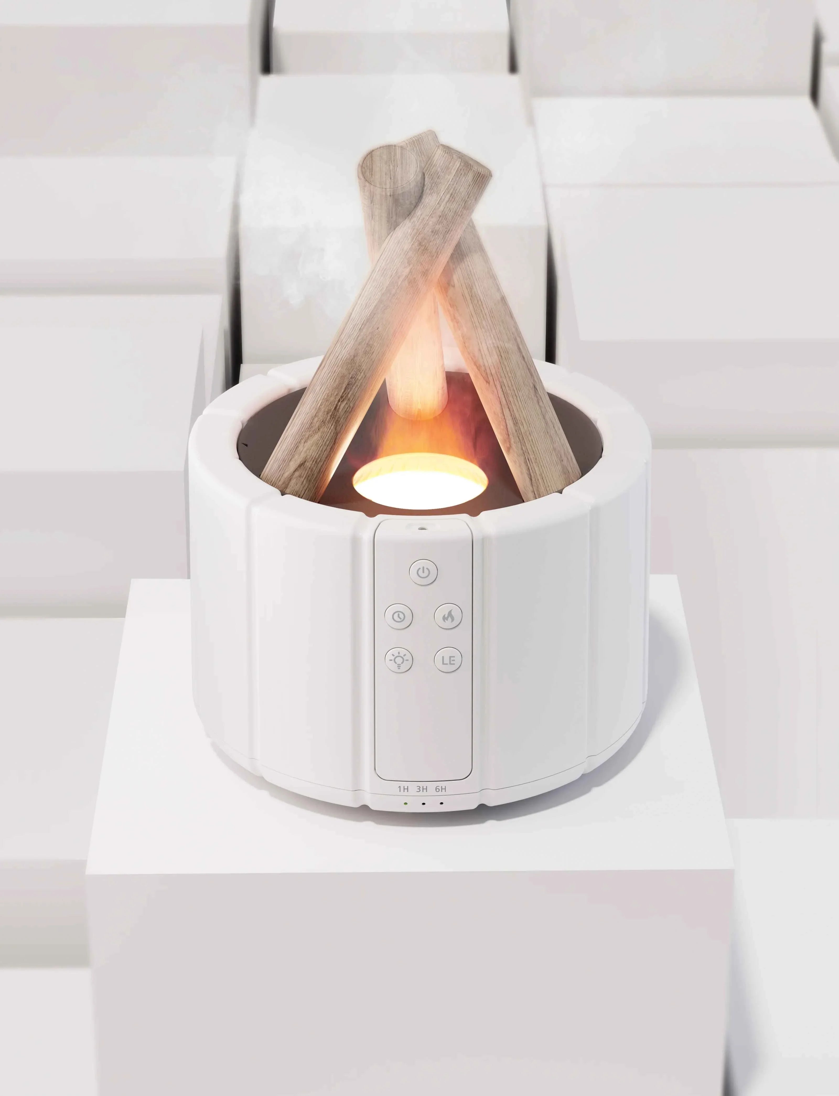 Modern white tabletop electric fireplace with wood accents and flame effect on a white pedestal