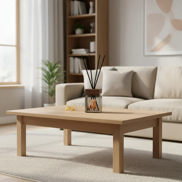 Wooden coffee table in a living room with a beige sofa and bookshelf. Reed Diffuser