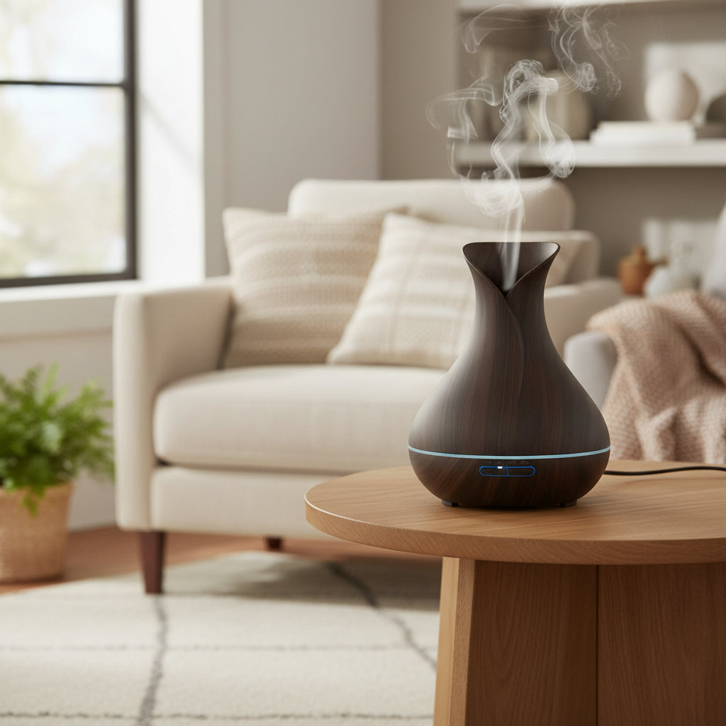 Aromatherapy diffuser on a wooden table in a living room setting