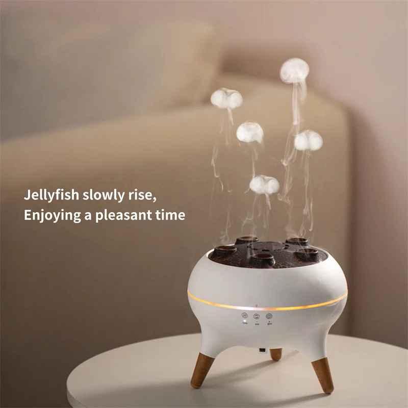 White jellyfish humidifier on a table with simulated jellyfish rising in mist, cozy room setting