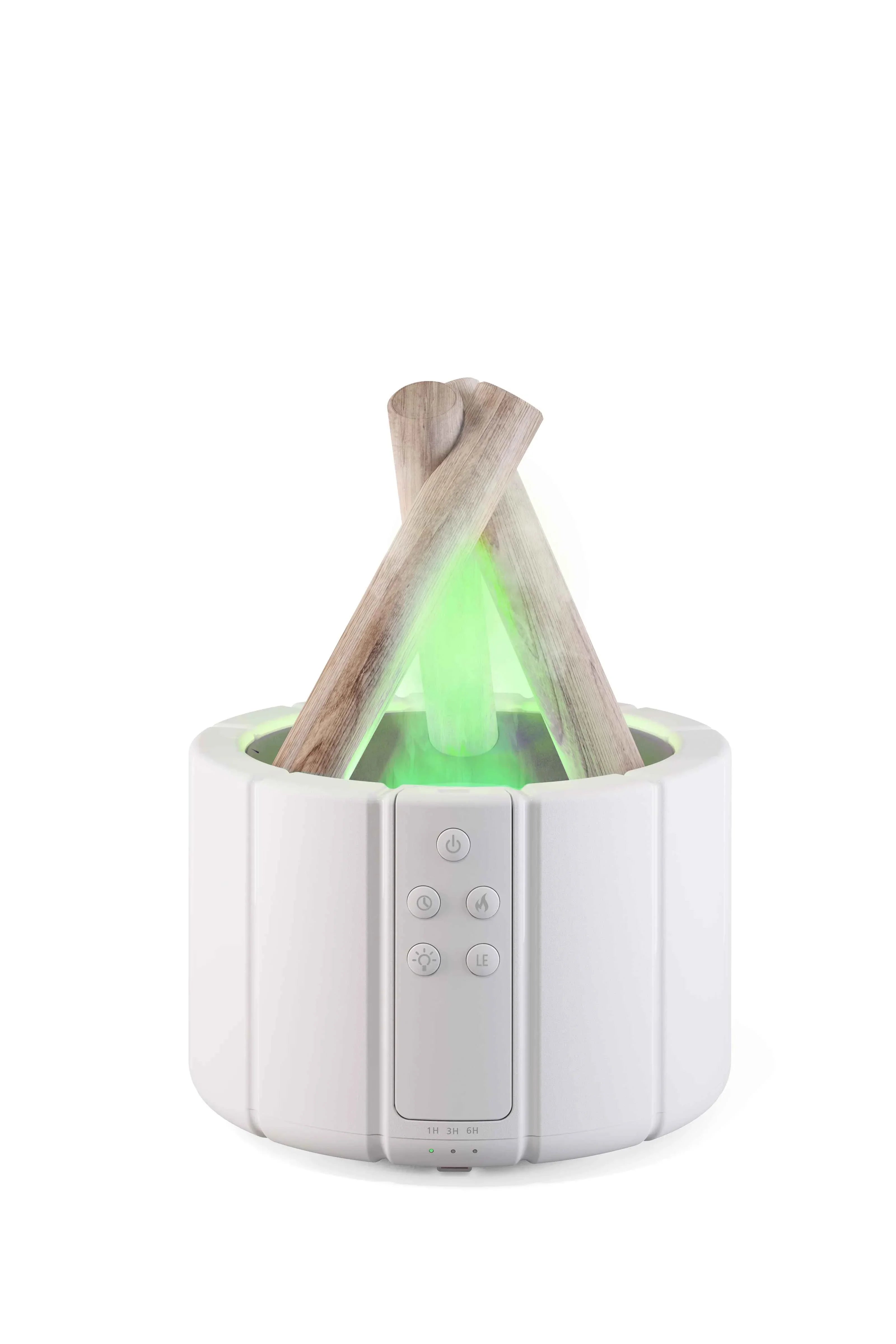 White tabletop aroma diffuser with wood sticks, green LED light, and control buttons