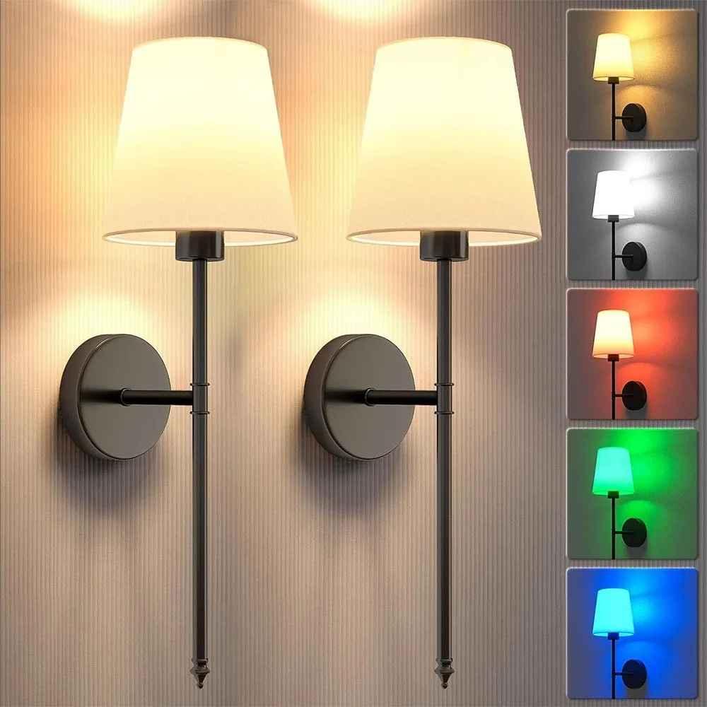 Modern wall sconces with color-changing LED lamp shades in warm, white, red, green, and blue.
