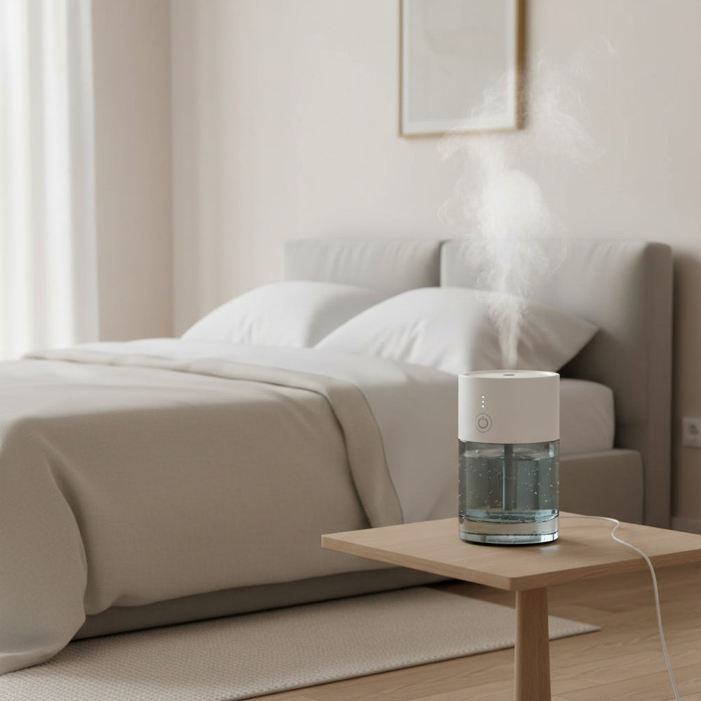 Humidifier on a wooden table in a bedroom with a bed and lamp in the background