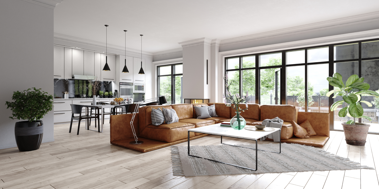 Modern living room with a brown sectional sofa, coffee table, and large windows.
