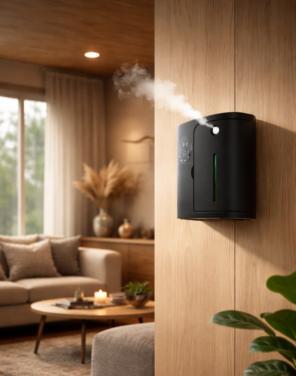 Black humidifier on a wooden wall in a living room