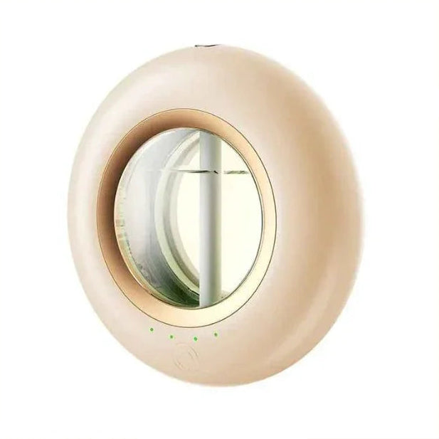 Apricot color round diffuser with glass center and LED indicators, modern aroma humidifier