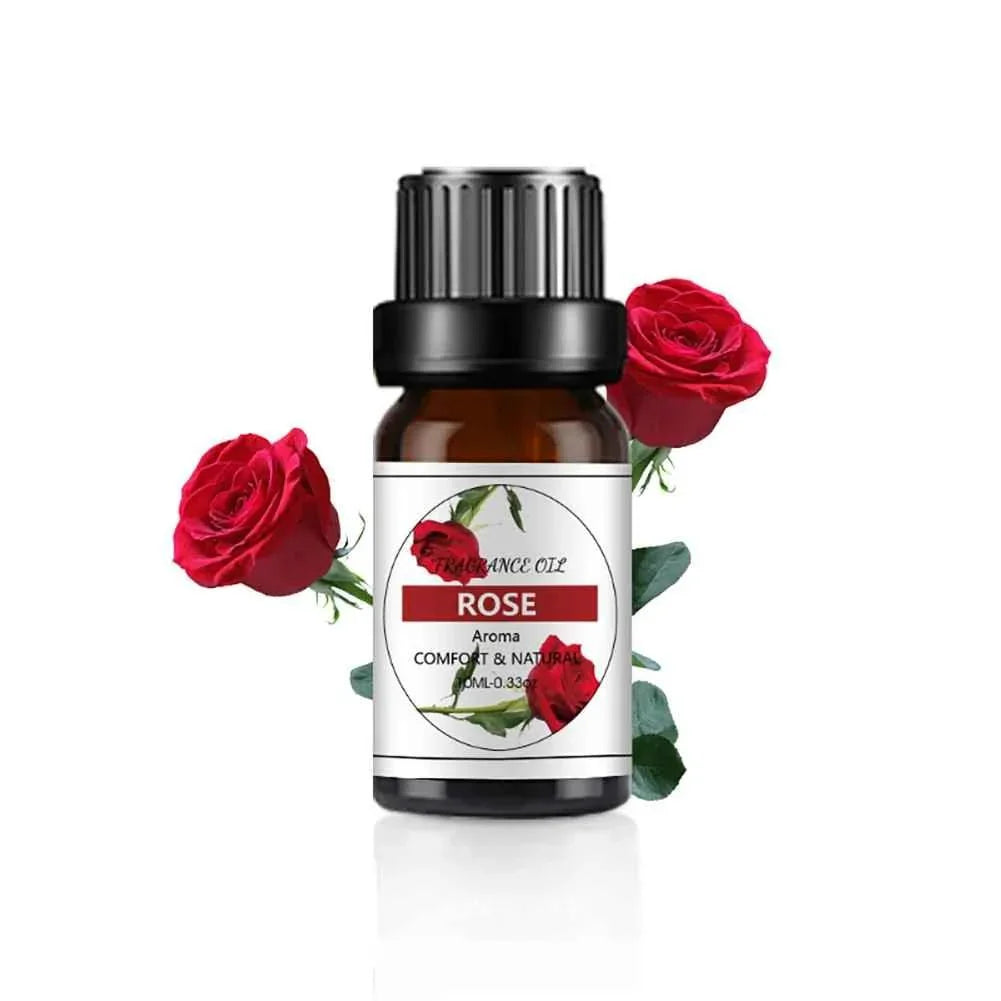Rose essential oil bottle with red roses on a white background