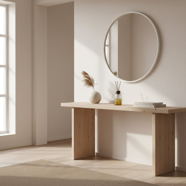 Wooden console table with decorative items against a wall with a round mirror.