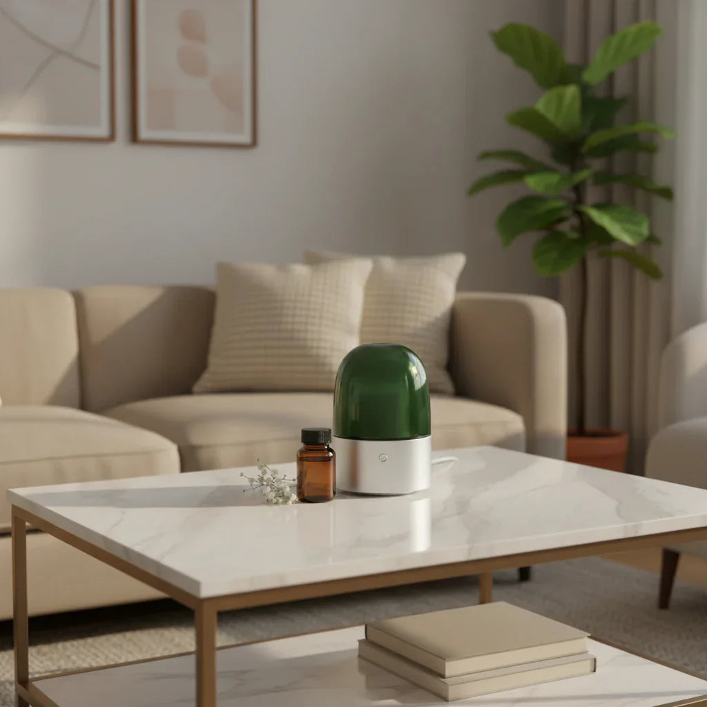 Green and white diffuser on a marble coffee table in a living room setting