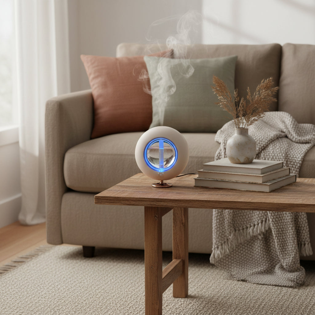 Modern living room with a wooden coffee table featuring a decorative lamp and books.