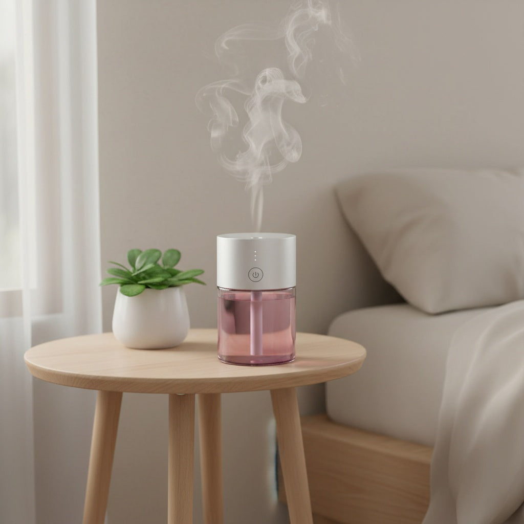 Pink humidifier on a wooden table with a plant and bed in the background