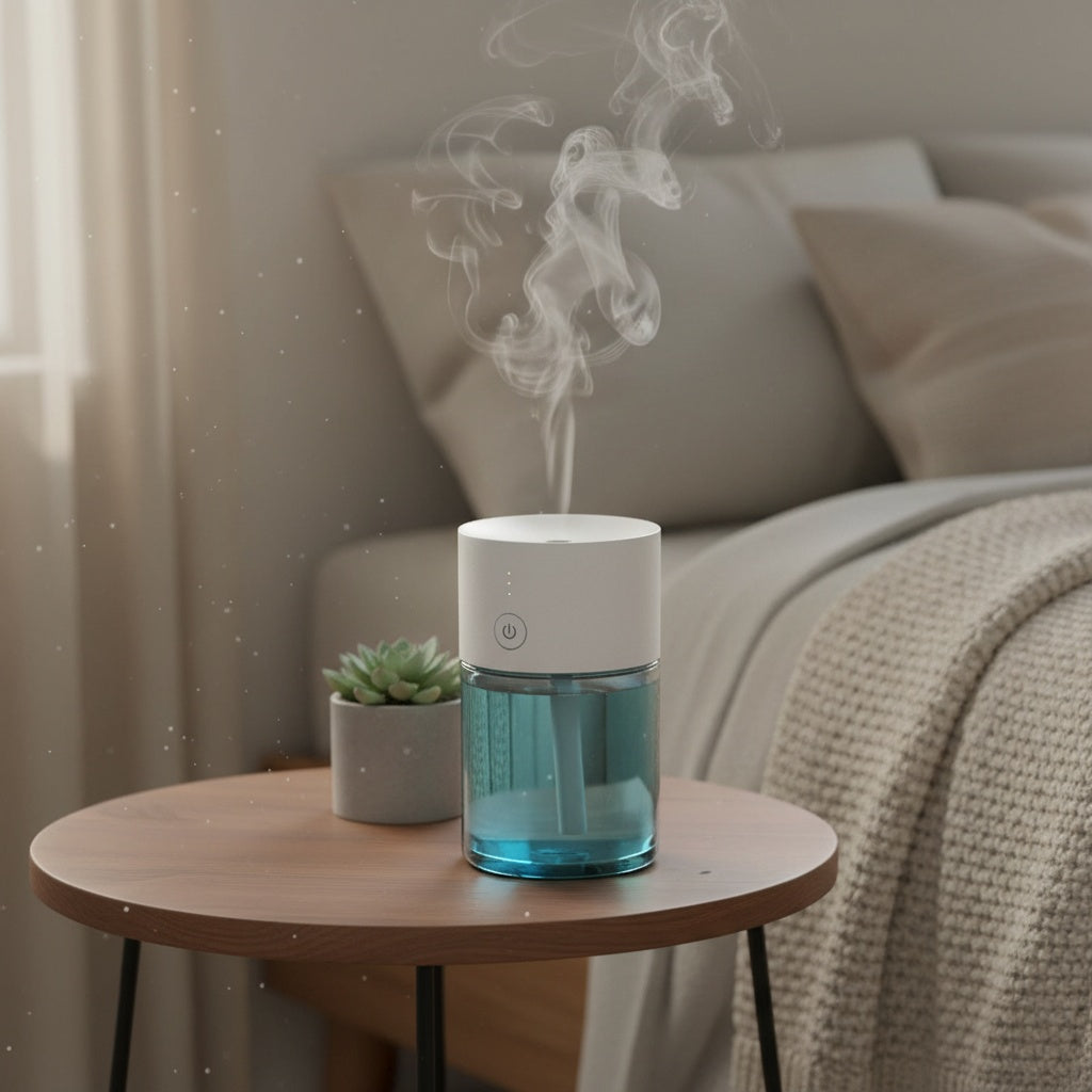 Humidifier emitting mist on a wooden table with a cozy living room background