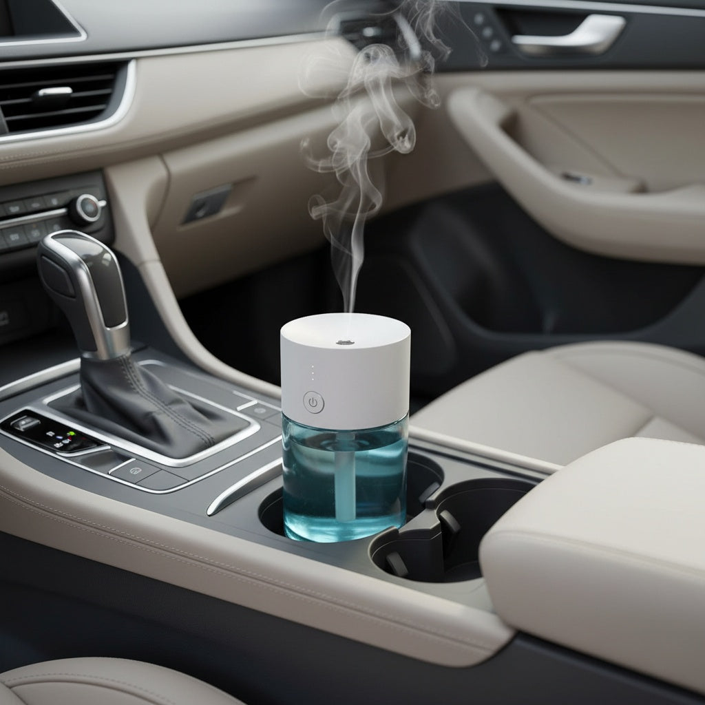 Car air freshener with blue liquid and white smoke emitting from it, placed in a car's cup holder.