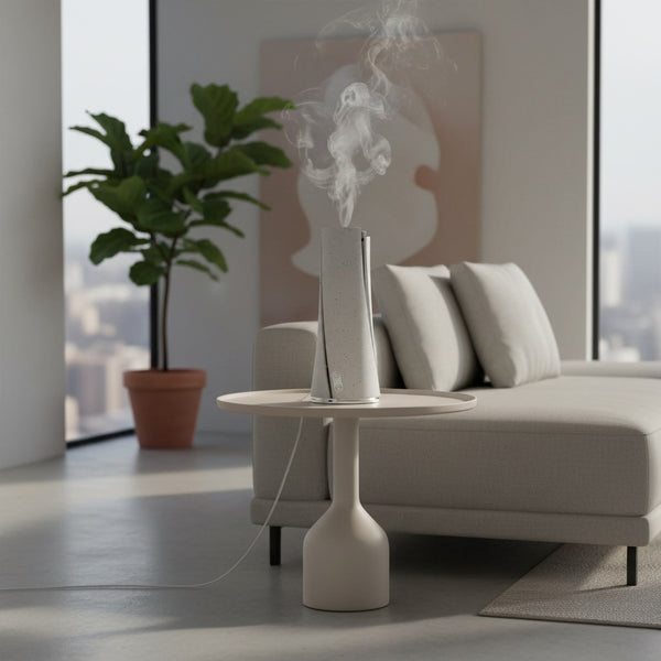 Modern living room with a diffuser on a table, plant, and sofa.