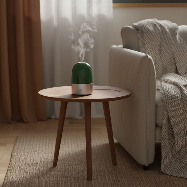 Green humidifier on a wooden side table in a living room with a sofa and curtains.